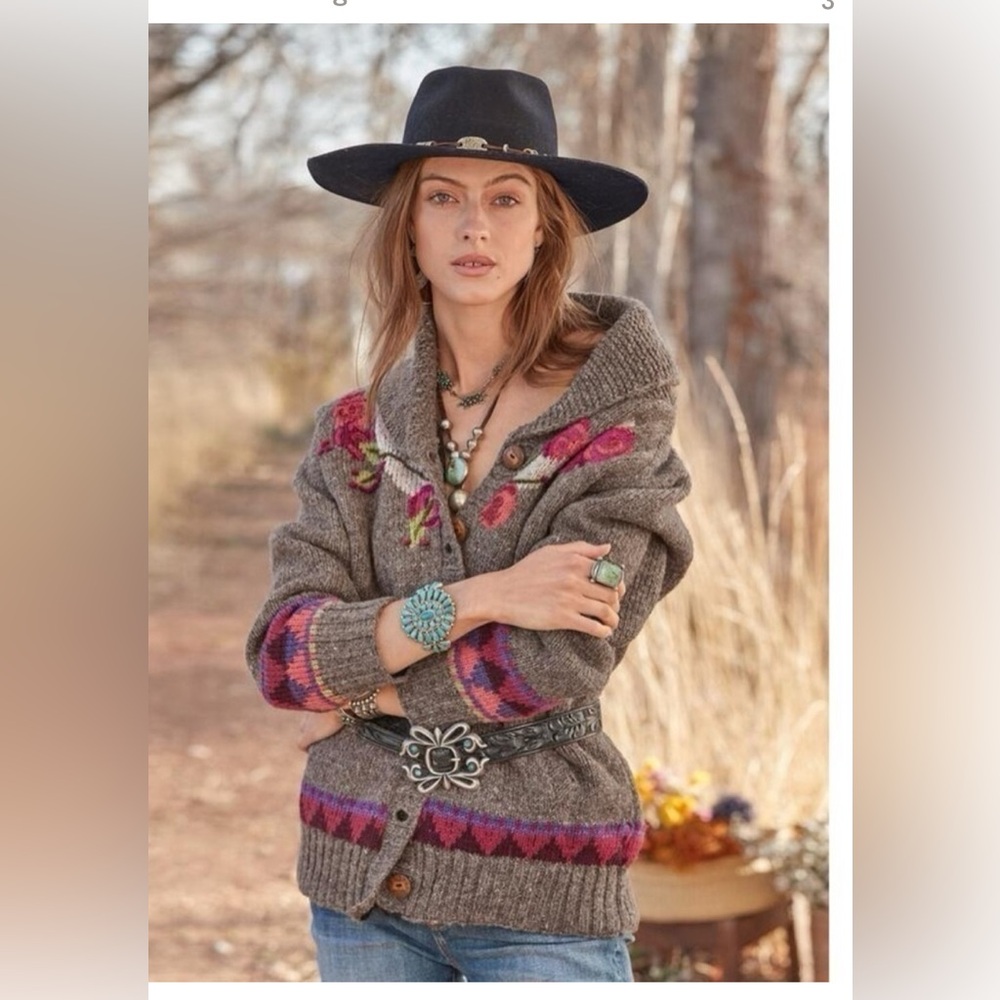 Cozy Sundance Lost Horizons Celia Rose Cardi Sweater, Hand-Knit Fleece Lined S/M